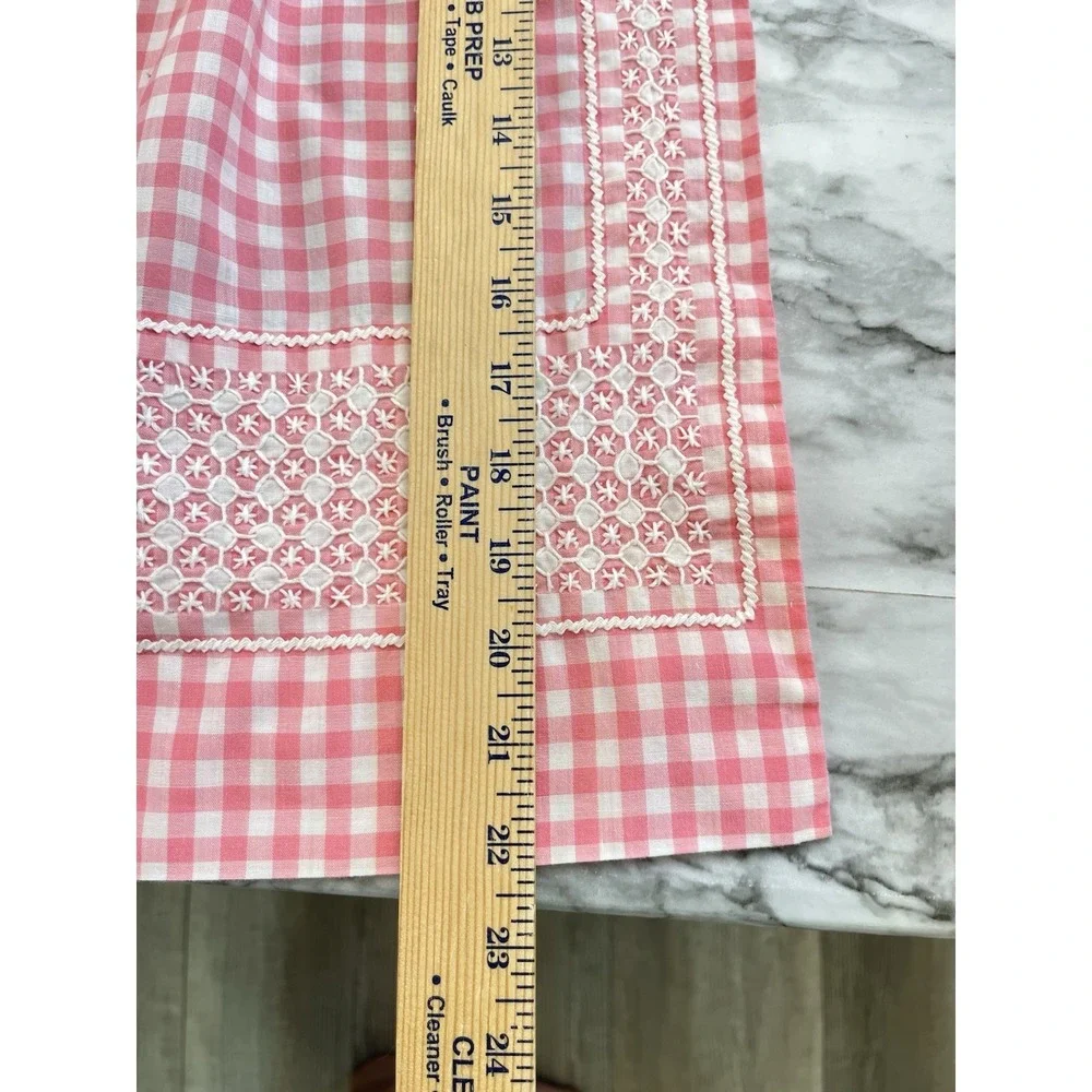 Half Apron Vtg Pink White Gingham Checkered Embroidery Farmhouse Pocket